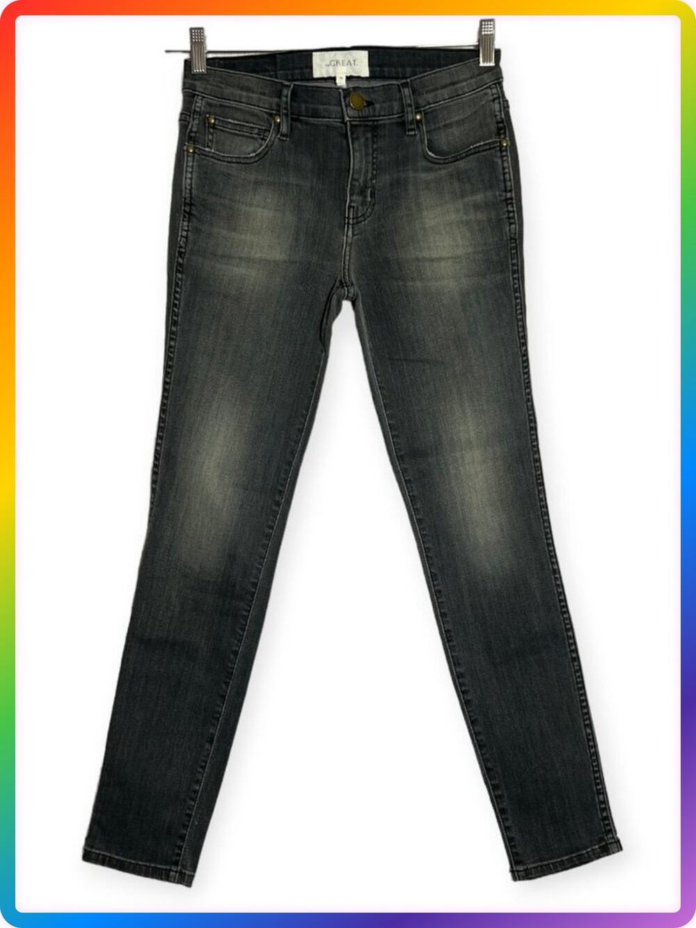 THE GREAT Almost Skinny Jeans SIZE 24 Black Gray Mid Rise 28x27 Denim